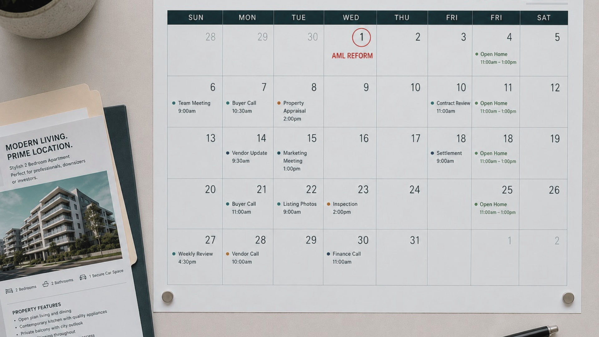 Real estate agency calendar marking AML reform alongside property appointments and client meetings.